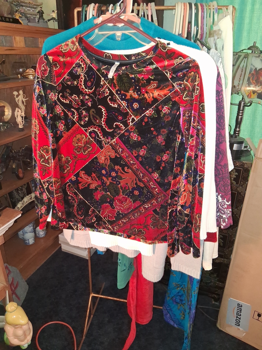 White Stag Velvet Floral Patchwork Long-Sleeve Top - Red & Black